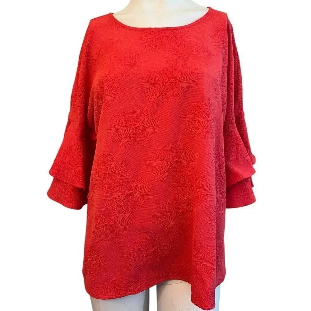 Liz Claiborne Womens XL Ruffle Sleeve Dark Pink Teaberry Blouse Stretch Top NWT